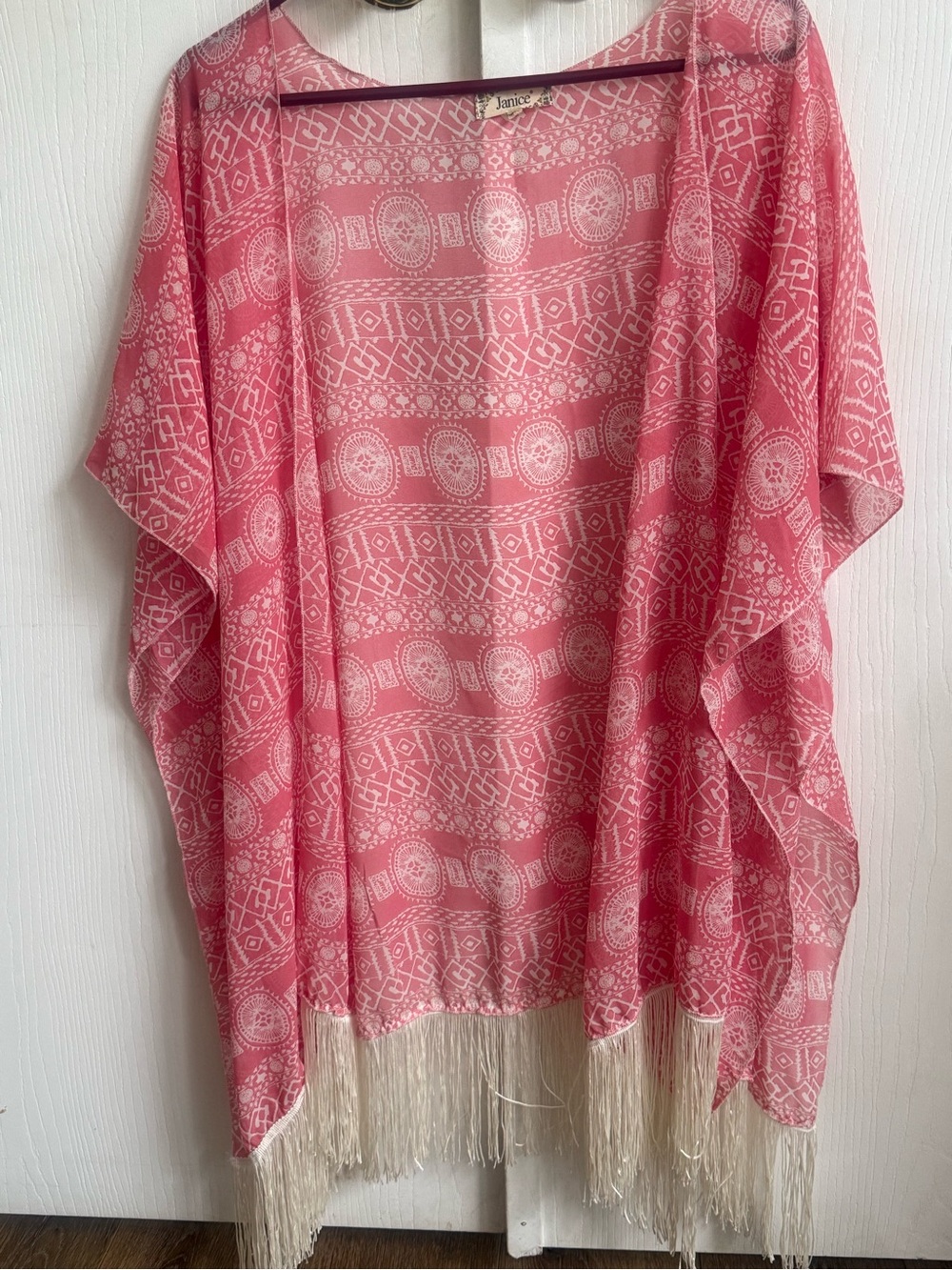 Janice pink kimono cardigan or beach coverup geometric or Aztec fringe-tasseled